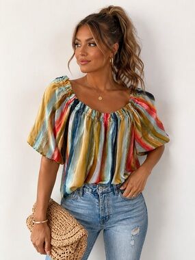 New York & Company Multicolor Striped Scoop-Neck Puff Sleeve Top